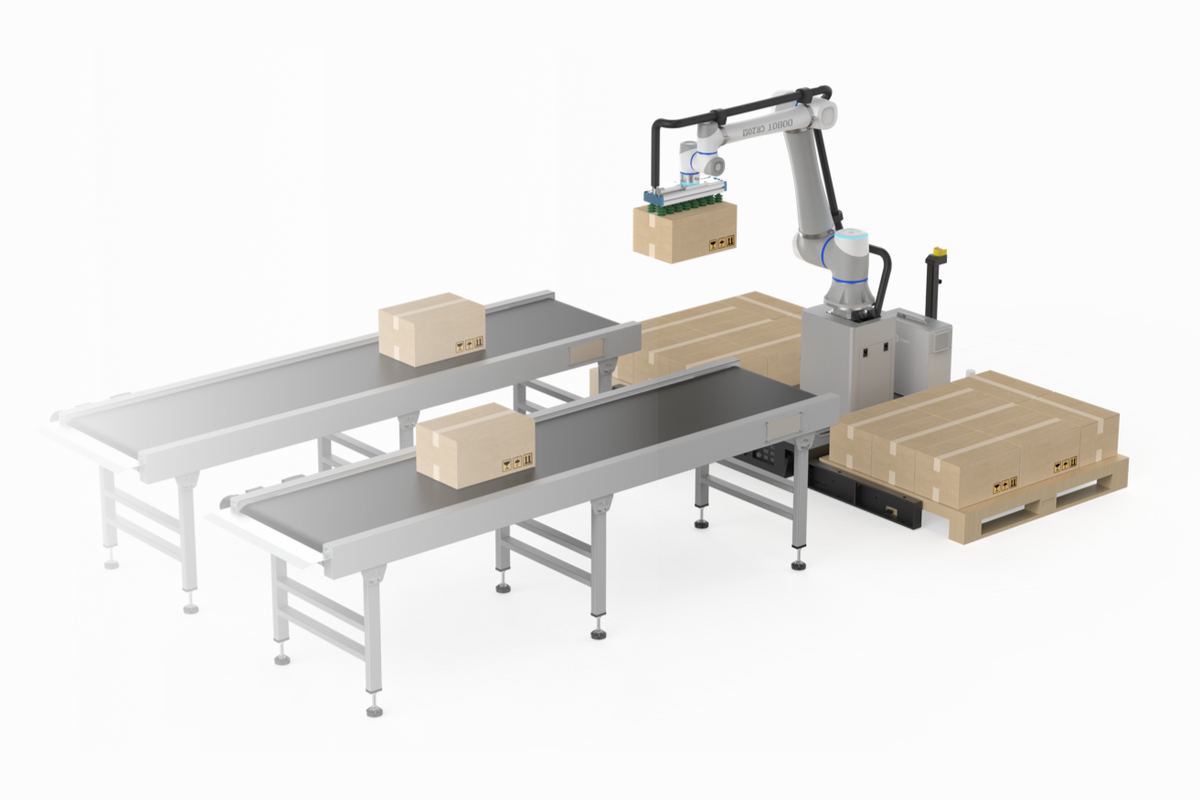 Palletising cell with a DOBOT CR20A cobot on a lift column: two infeed conveyors carrying cartons, a vacuum gripper on the arm, a finished pallet alongside.