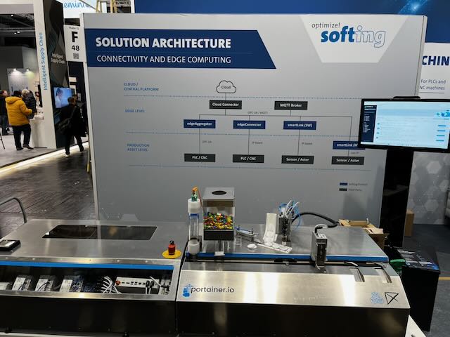 Messestand mit Solution-Architecture-Diagramm zu Connectivity und Edge Computing sowie Demonstrator mit Fördertechnik auf der Hannover Messe 2023.