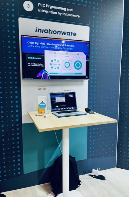 iniationWARE-Messestand auf der SPS Nürnberg 2024 mit Logo, Monitor und SWIFT-BOX auf dem Stehtisch.