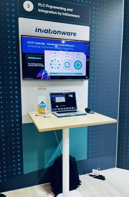 iniationWARE booth at SPS Nuremberg 2024 with logo, monitor and a SWIFT-BOX on the standing table.