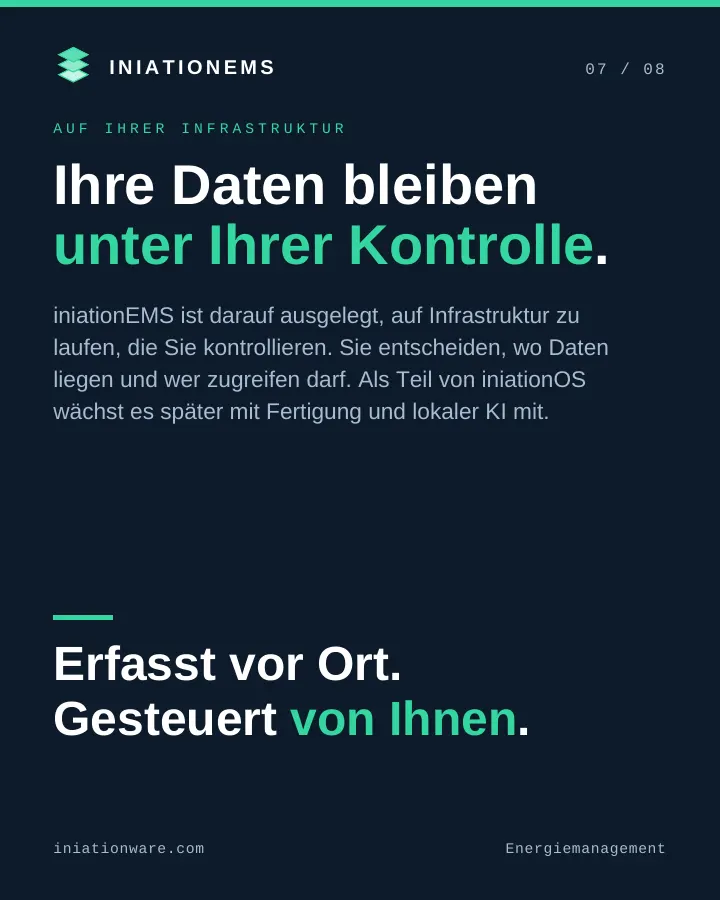 iniationEMS läuft auf Infrastruktur, die Sie kontrollieren, und wächst als Teil von iniationOS mit.
