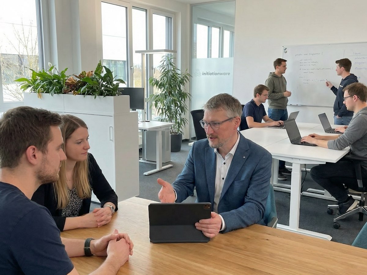 Vier Mitarbeitende der Iniationware GmbH im Büro in Lohne: ein Beratungsgespräch am Besprechungstisch, dahinter zwei Kollegen an Laptops und zwei an einem Whiteboard mit Code.